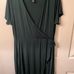 Dark green short sleeve faux wrap dress